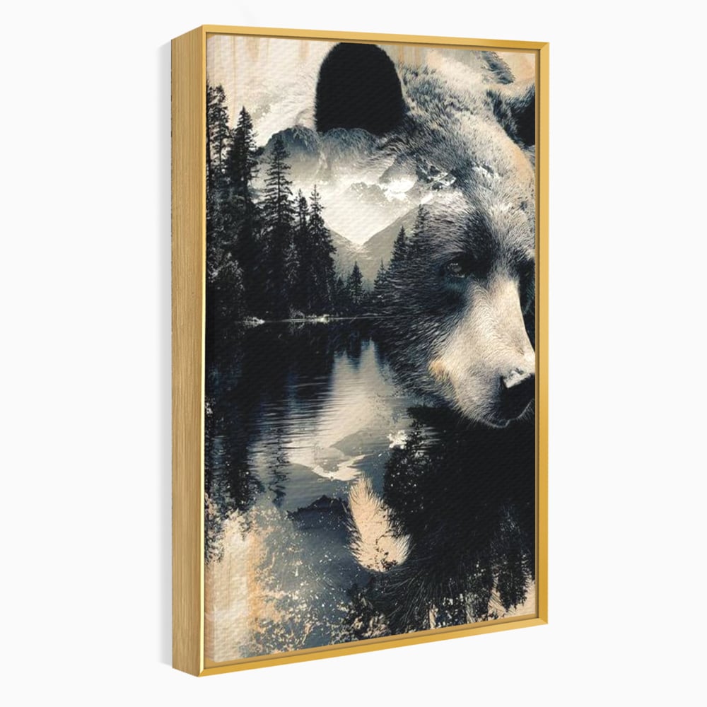 Tablou canvas cu tablou canvas cu urs si peisaj montan, in rama de aluminiu auriu